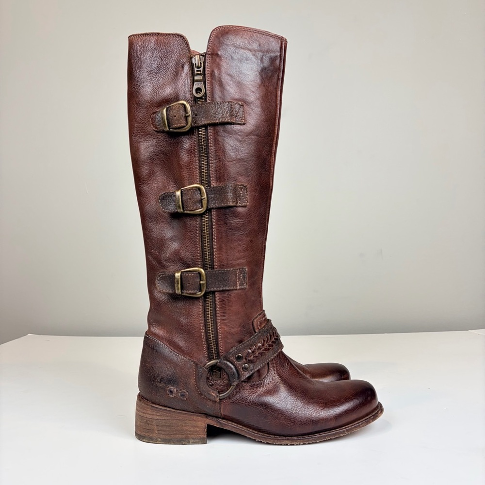 Bed Stu‎ Skyla Tall Brown Leather Harness Buckle Boots Distressed Rustic SZ 7.5
